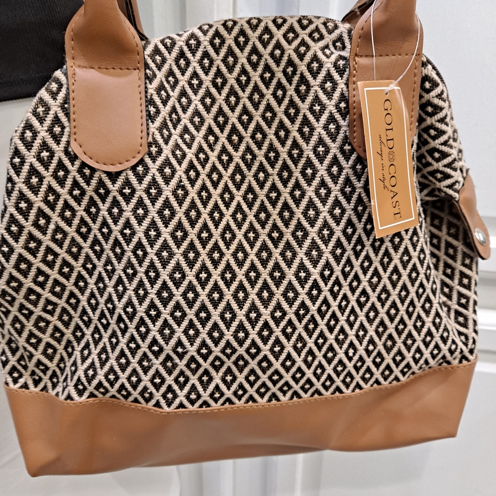 Gold Coast Black and Tan Geometric Jacquard Textured Fabric Tote Shoulder Bag